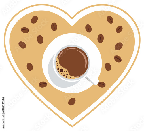 Top view of a coffee cup with roasted beans in a heart shape vector illustration
