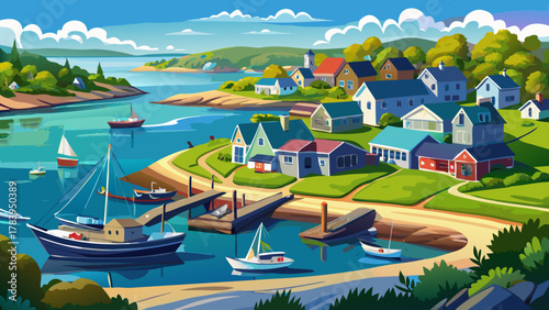 Very beautiful aerial view of Cohasset Cove in Cohasset, Massachusetts, USA, featuring a fishing boat in the harbor, calm blue water, coastal homes, and a realistic serene New England shoreline atmosp