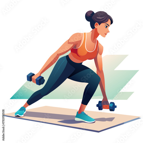 Fit woman performing lunges with dumbbells on a yoga mat during a home workout session