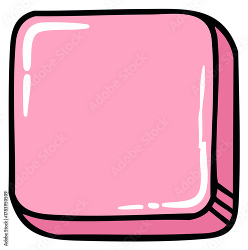 Vibrant pink candy square with rounded edges and shiny highlights in a playful doodle style
