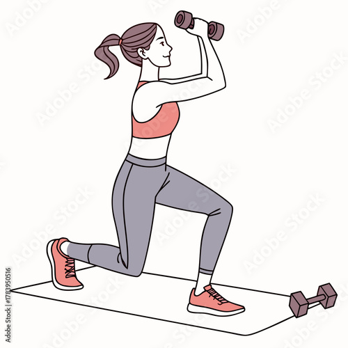 Woman performing lunges with dumbbells for a full body workout on a yoga mat