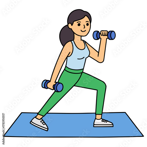 Woman doing lunges with dumbbells on a yoga mat for a fitness workout