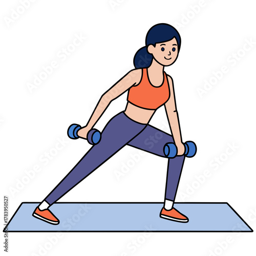 Fit woman performing lunges with dumbbells on a yoga mat for a healthy lifestyle and exercise
