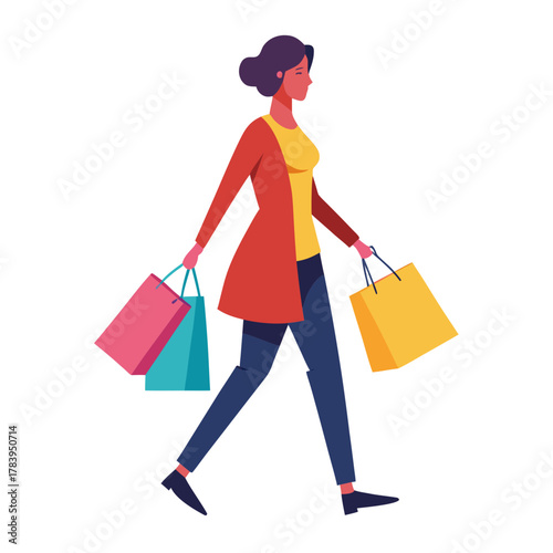 Woman with shopping bags walking on white background illustration of shopping and consumerism