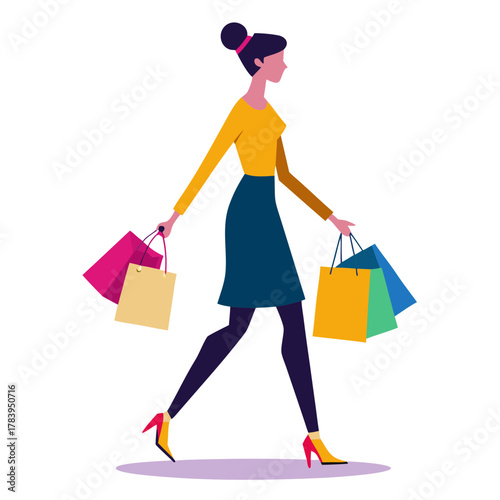 Stylish woman walking with colorful shopping bags on white background