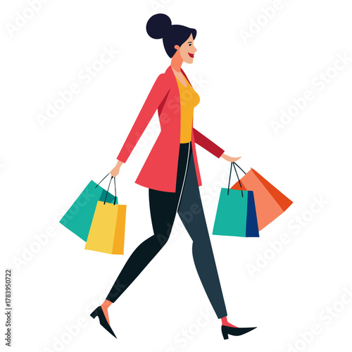 Stylish woman walking with colorful shopping bags on a white background