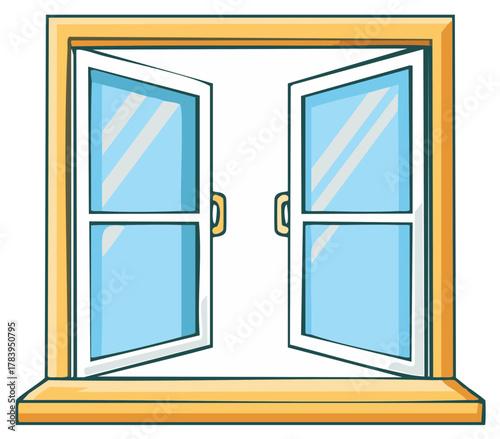Open Window Cartoon with Light Blue Glass Panes and Yellow Frame lets Sunlight in