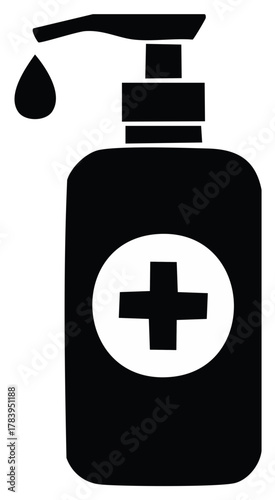 Black and white icon of a hand sanitizer bottle with a dispensing pump and a drop, featuring a medical cross symbol.