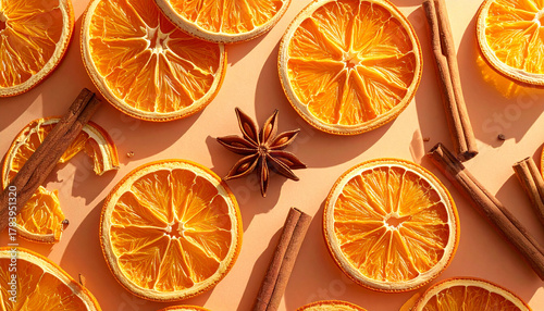 Flat Lay Dried Orange Slices Cinnamon Sticks Terracotta