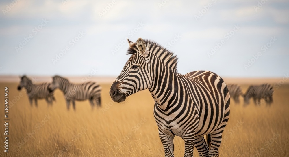 Fototapeta premium Wild zebra in the African savanna. A herd grazing in a golden grassland. Wildlife safari and ecotourism adventure. Natural black and white striped animal pattern