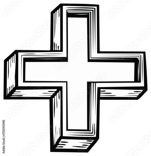 Bold Plus Symbol in Graphic 3D Style with Hand Drawn Line Details and Clean White Interior