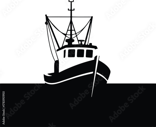 Illustrator commercial fishing boat front view simple black Silhouette vector