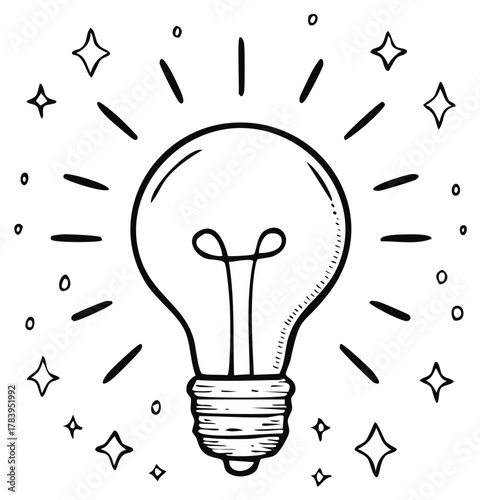Hand drawn light bulb illustration with sparks and stars radiating creative concept
