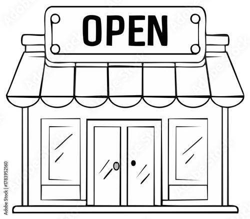 Outline illustration of an "OPEN" sign above a simple storefront with double doors and display windows.