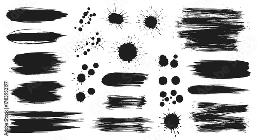 Dynamic collection of paint strokes and splatters for creative design projects offering raw energy and artistic flair, design element resource