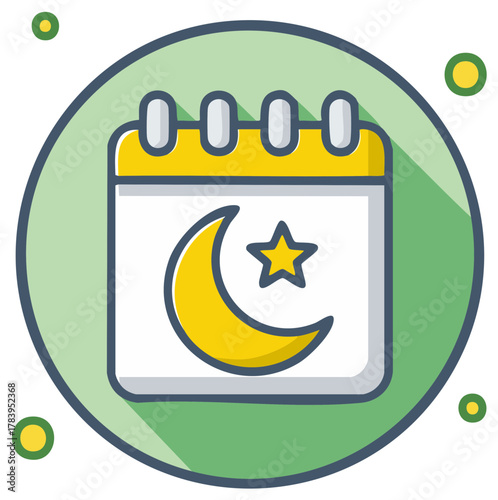 Islamic calendar icon with crescent moon and star on a green background with yellow circles