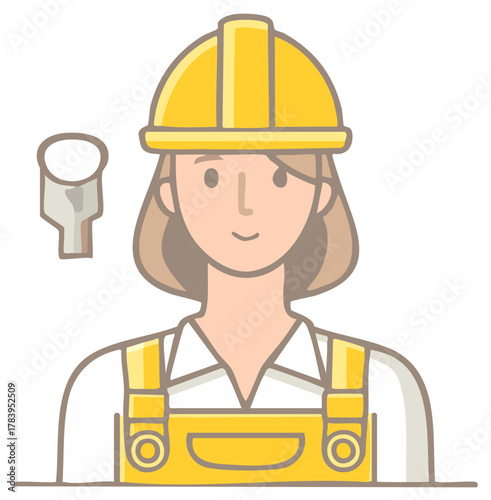 Professional woman construction worker or engineer in a yellow hard hat and overalls illustration