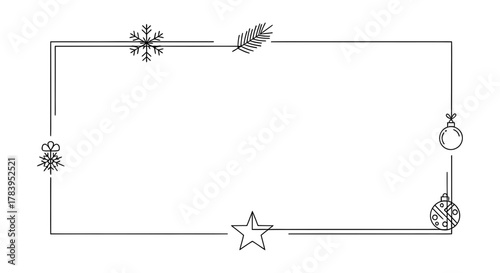 Festive winter holiday frame with ornament, snowflake, star, and pine branch for greeting cards, invitation designs, and event flyers