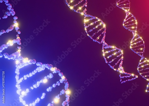 Tableau sur toile Abstract 3D Render of Glowing DNA Double Helix Structure on a Vibrant Neon Gradi
