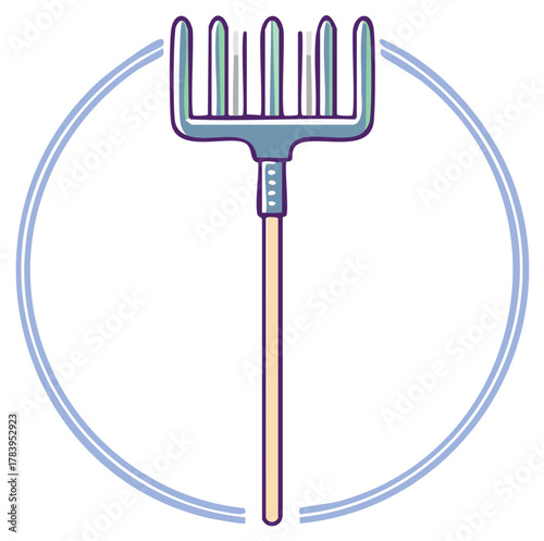 Garden rake with wooden handle and blue circle emblem symbolizes outdoor work and nature
