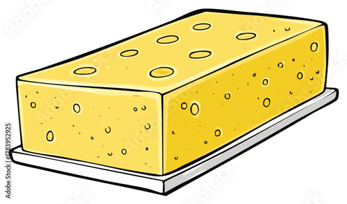 Cartoon Style Brick of Swiss Cheese on a Serving Tray for a Picnic or Snack -  Yellow Cheese Block with Circular Holes