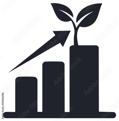 Growth chart with rising arrow and seedling sprout, finance and business success concept vector illustration