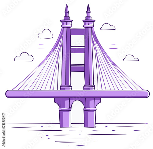 Purple cable stayed bridge design with clouds and water elements.