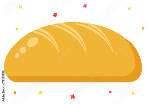 Cartoon illustration of a loaf of fresh bread with decorative stars around it