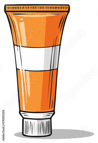 Bright orange squeeze tube with a white label and silver cap illustration