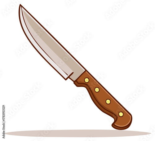 Cartoon chef knife with brown handle and stainless steel blade for cooking and food preparation