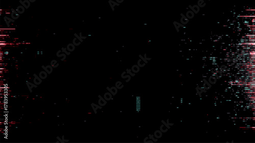 Abstract glitched data texture with red and blue pixels on black background. Digital interference for overlay or background.