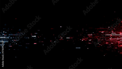 Abstract digital glitch pixel art background with red and blue data blocks on black. Modern technology error concept for website or presentation.