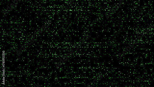 Green digital pixel dots on black background texture. Data stream concept for technology, computing, cyber security, and machine learning.
