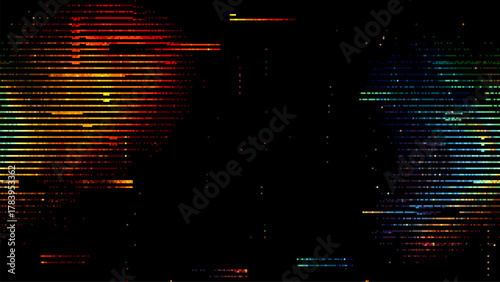 Colorful digital distortion element on black background. Abstract pixel noise pattern for technology and data visualization concept. Vector art.