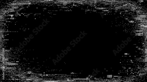 Abstract glitch background with horizontal scan lines forming a distorted frame and dark copy space. Digital data stream error or visual noise.