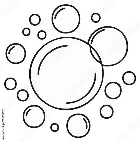 Linear bubbles cluster with reflections on white soap suds texture outline pattern vector illustration for web and graphic design