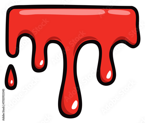 Graphic illustration of dripping red liquid with glossy highlights and dark outlines