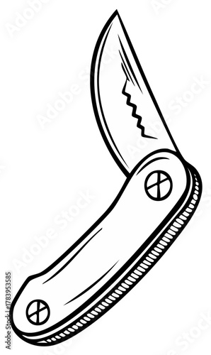Classic Folding Pocket Knife with Serrated Blade Black and White Illustration