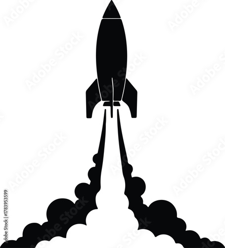 Illustrator rocket launch silhouette blasting off with smoke trails vector