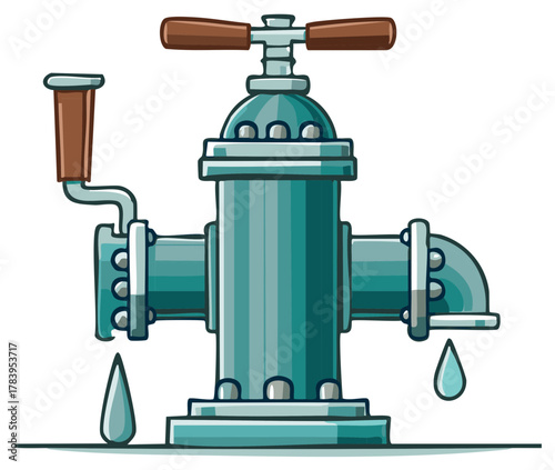 Vintage water pump with dripping water droplets and hand crank