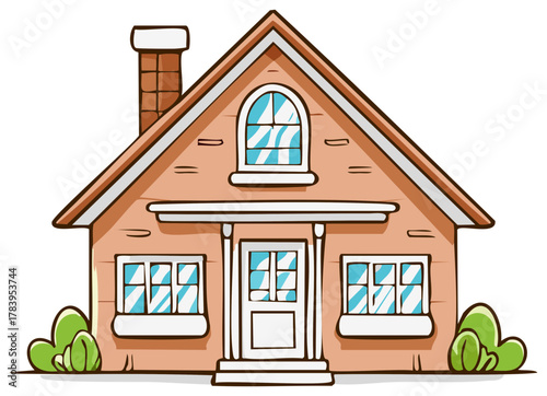 Charming Brick House Facade with Green Shrubs and Chimney, Offering a Welcoming Home Design and Architectural Simplicity