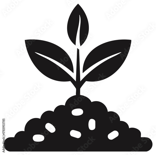 Seedling in soil icon with plant leaves. Black silhouette of a sprout for garden works