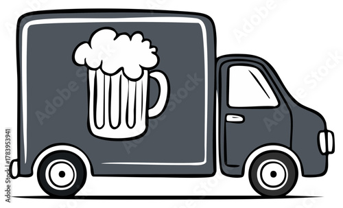 Beer Delivery Truck Cartoon Illustration, Beverage Service, Gray Vehicle with a Beer Mug on the Side, Fresh Drinks Distribution
