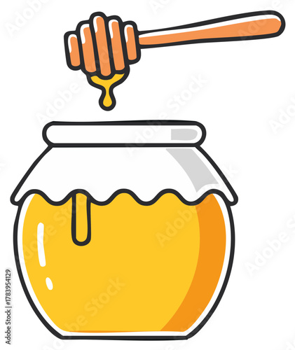 Honey Dipper Dripping Sweet Liquid into a Honey Pot Container
