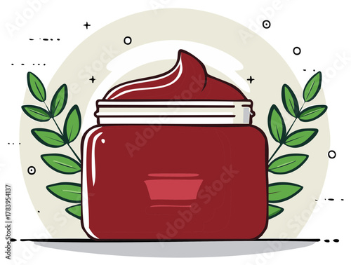 Open jar of red cosmetic cream with natural plant leaves vector illustration