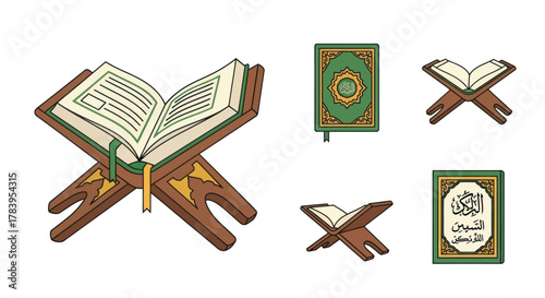 A collection of hand-drawn illustrations of the holy Quran both open and closed resting on a wooden rehal stand.