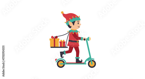 Christmas Elf Delivering Gifts on Scooter Wearing Red and Green Outfit.