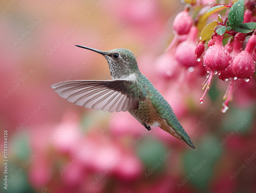 Fototapeta premium A stunning hummingbird in midflight near vibrant pink flowers. Captures natures beauty and delicate balance. Perfect for projects needing a touch of elegance and wonder.