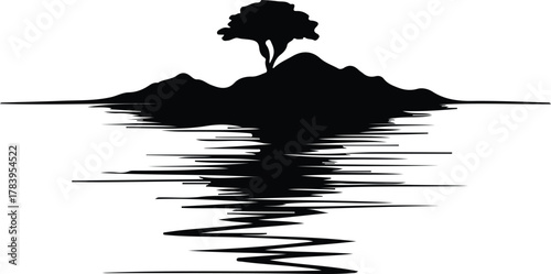 Illustrator Tree on mountain ridge reflected in water Silhouette vector