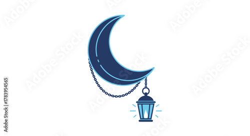 Crescent Moon with Hanging Lantern Illustration.